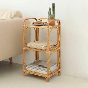 Farmhouse Wood Side Table with 3-Tier Rattan Woven End Table-Richsoul-End & Side Tables,Furniture,Living Room Furniture